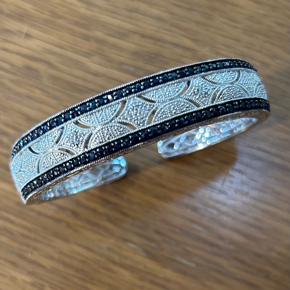 Ladies Sapphire & Diamond Sterling Silver Antique Style Bangle Bracelet